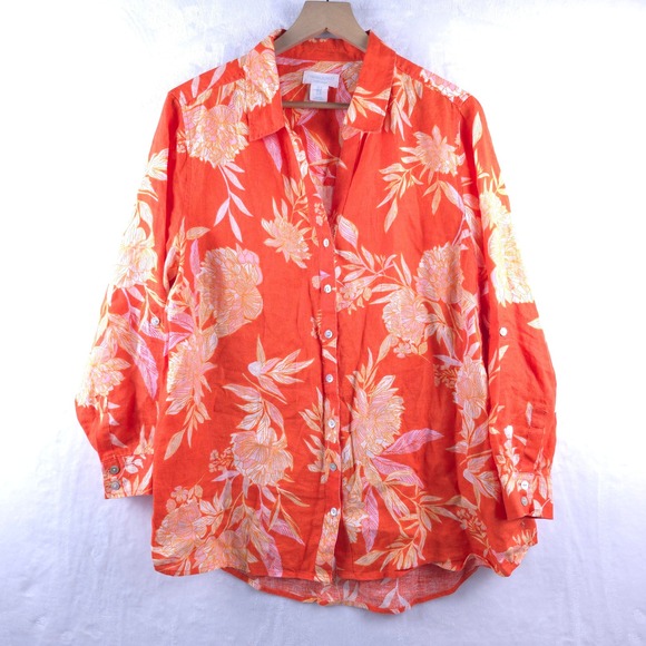 Cynthia Rowley 100% Linen Button Up Top Floral Orange Blouse Womens Plus Size 1X - Picture 1 of 6